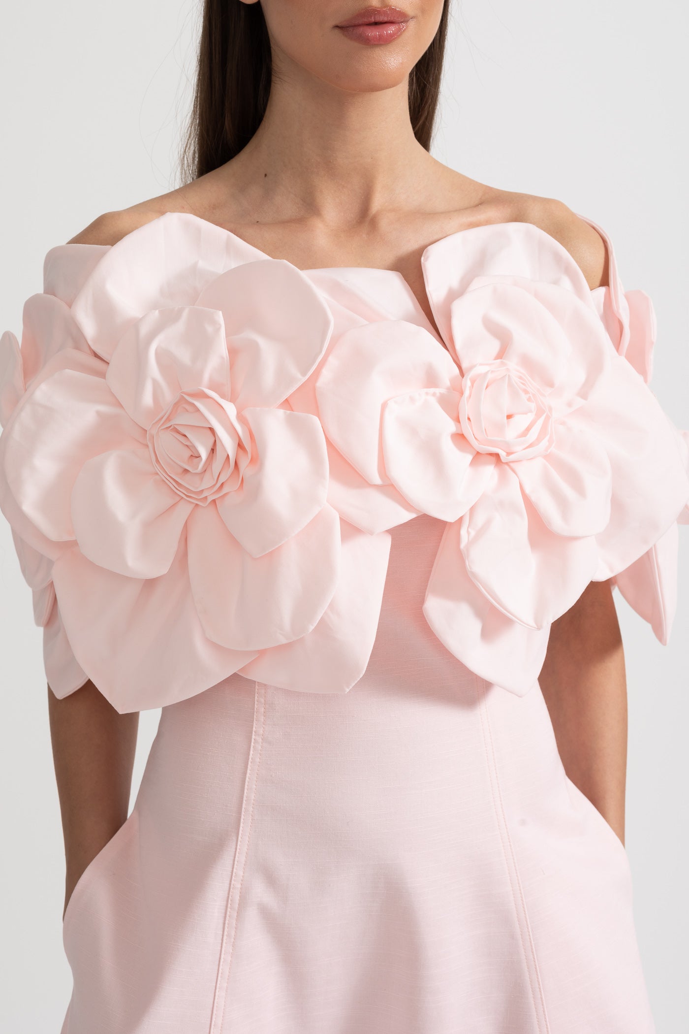 Off-Shoulder Midi Dress With Large Fabric Floral Accents - Pink