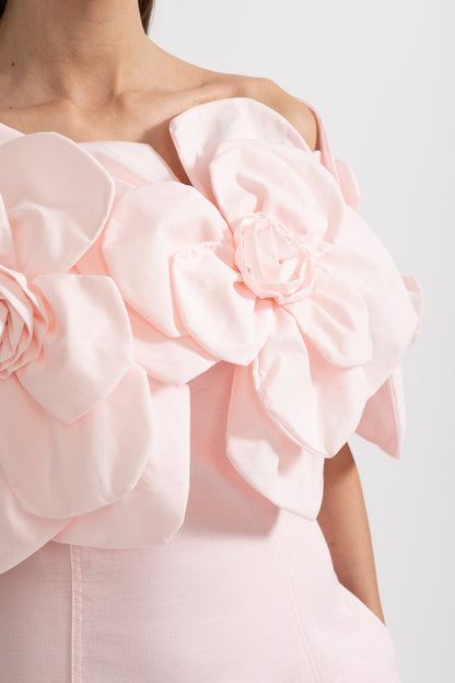 Off-Shoulder Midi Dress With Large Fabric Floral Accents - Pink