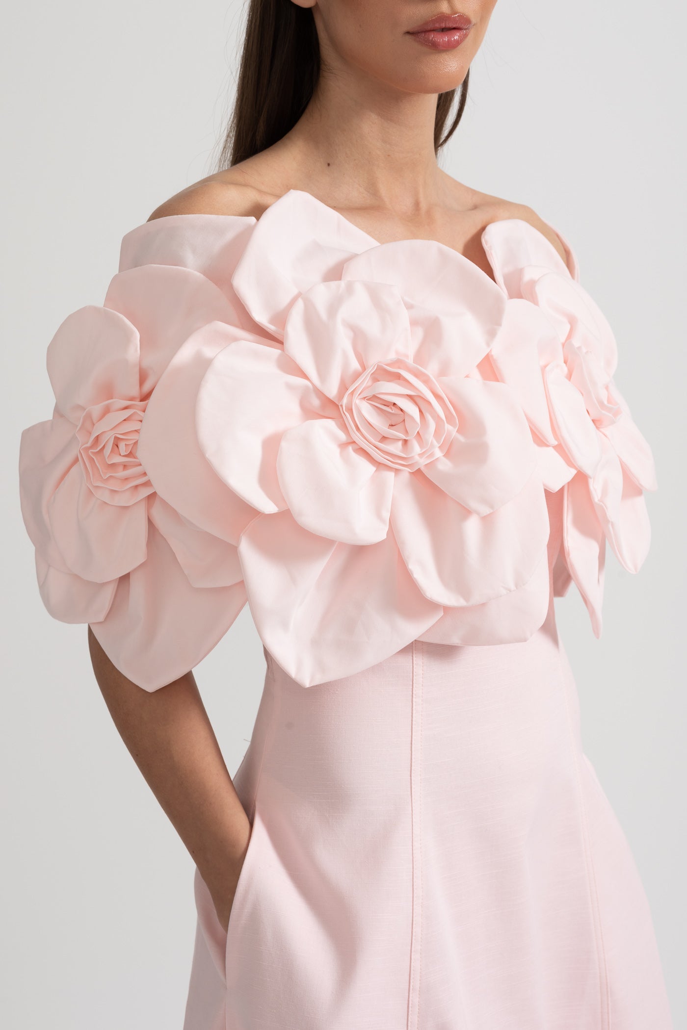 Off-Shoulder Midi Dress With Large Fabric Floral Accents - Pink