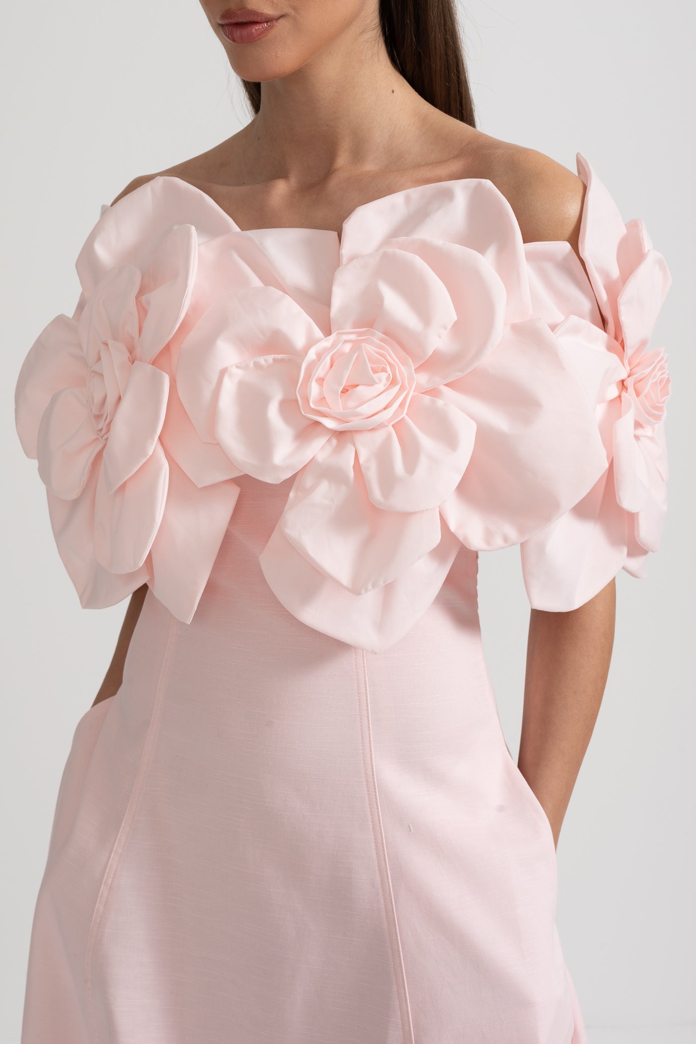 Off-Shoulder Midi Dress With Large Fabric Floral Accents - Pink