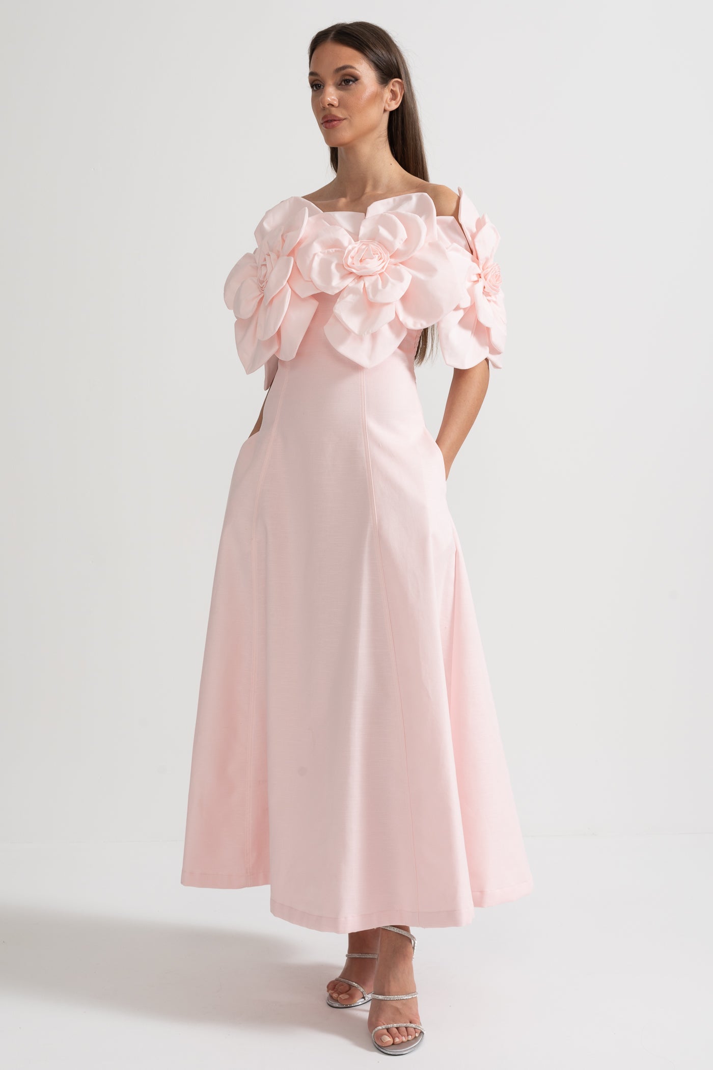 Off-Shoulder Midi Dress With Large Fabric Floral Accents - Pink