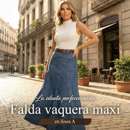 Mía - Falda vaquera midi en línea A de cintura alta