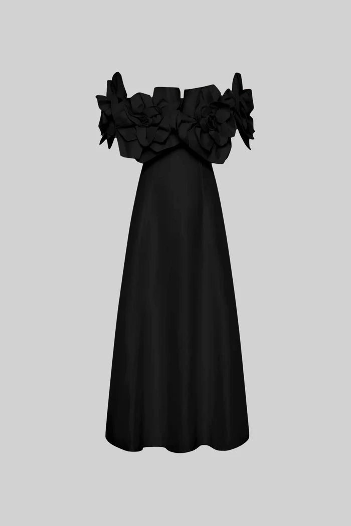 Off-Shoulder Midi Dress With Large Fabric Floral Accents - Pink