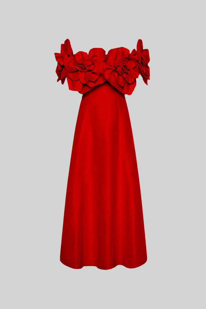 Off-Shoulder Midi Dress With Large Fabric Floral Accents - Pink