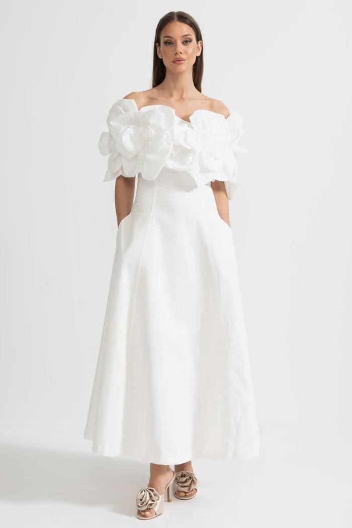 Off-Shoulder Midi Dress With Large Fabric Floral Accents - Pink